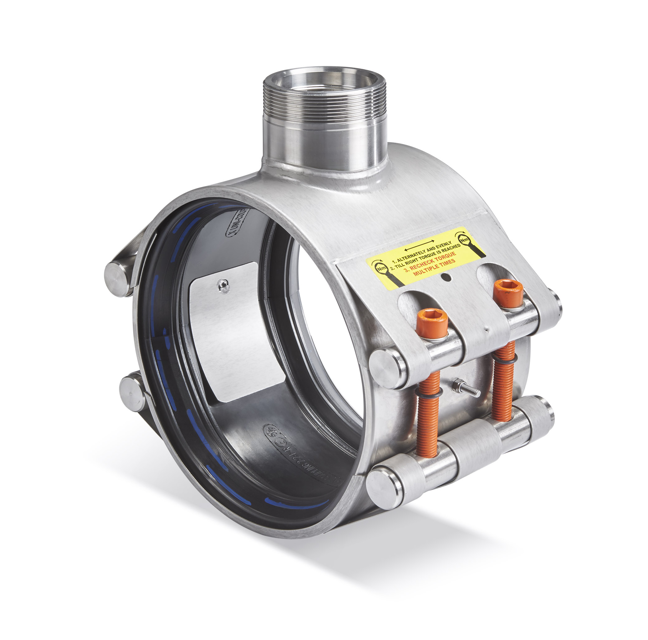 PEWO-T-COUPLING ø 210-425 mm / PN 10 EPDM mit Abgang 0.5“ bis 2“ Innengewinde A4